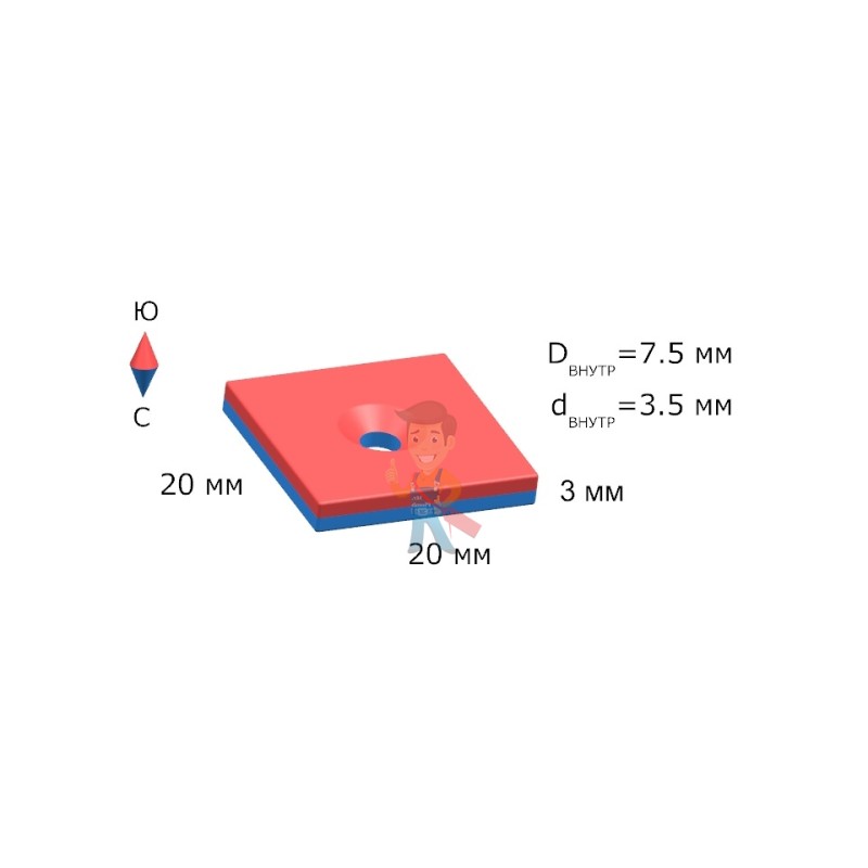 Неодимовый магнит прямоугольник 20х20х3 мм с зенковкой 3.5/7.5 мм, N35 - фото 8